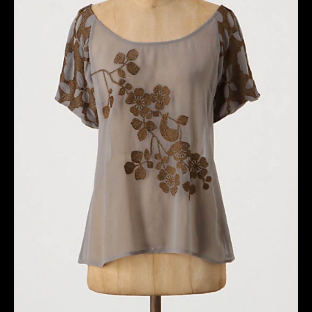 New Anthropologie Moulinette Soeurs Dogwood Embroidered Silk Gray Brown Top 8